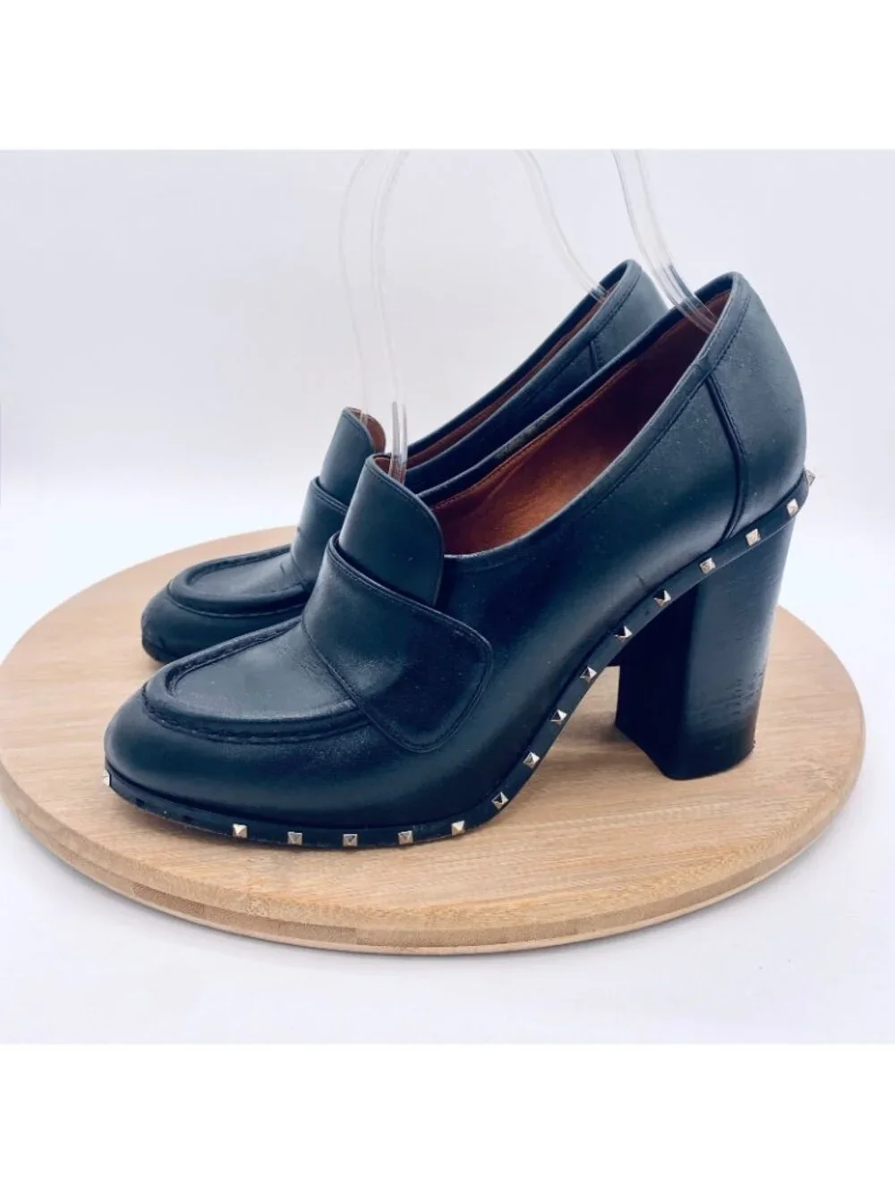 Vintage Valentino Block Heels Womens 7.5 Black Leather Studded Whimsygoth y2k